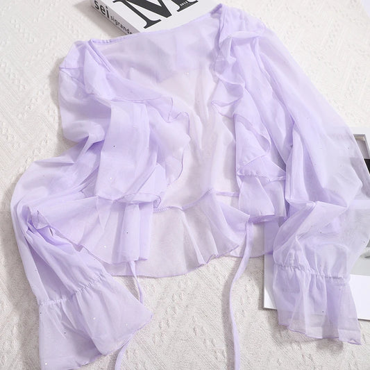 Women Ruffles Sweet Long Sleeved Lace Up Transparent Knit Short Coat Mesh Sheer Shinny Basics Chiffon Sun-proof Shirt