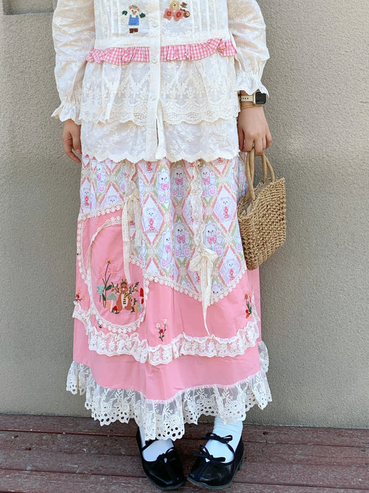 Cotton Patchwork Ruffled Lace  Long Skirt