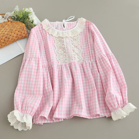Japanese Sweet Mori Girl Vintage Plaid Lace Patchwork Cotton Shirts Women Autumn O-Neck Long Sleeve Casual Loose Blouse Tops