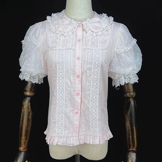 Summer Japanese Sweet Lolita Shirts Women Kawaii Cute Puff Short Sleeve Lace Ruffles Slim Blouses Tops Girls Y2k Clothes New