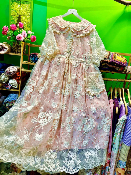 Cotton Lace  Plaid Long Dress