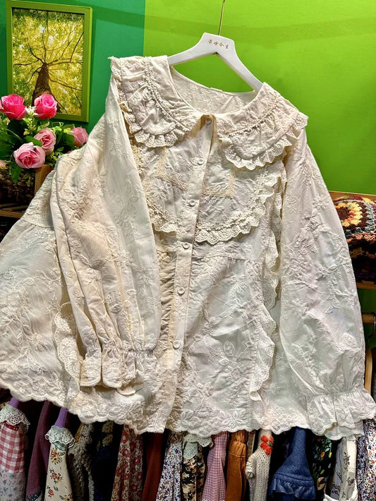 Autumn Cotton Ruffled Lace Lolita Sweet Kawaii Blouse Korean Japanese Vintage Rococo Victorian Cottagecore Mori Girl Shirt Tops