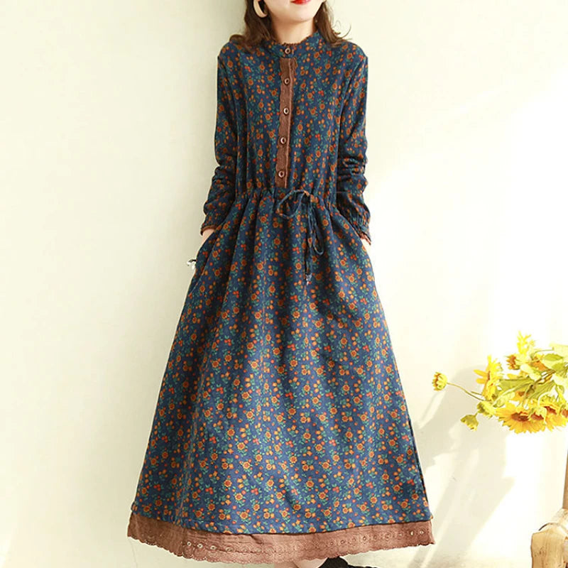 Japanese Mori Girl Art Print Dress Pretty Cotton Linen Spring Women New Floral Dress Loose Long-sleeved Dress Midi Dress