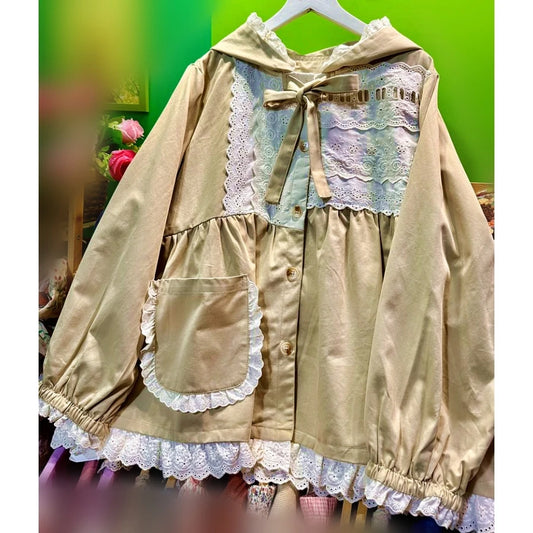 Cotton Lace Patchwork Hoodie   Jackets