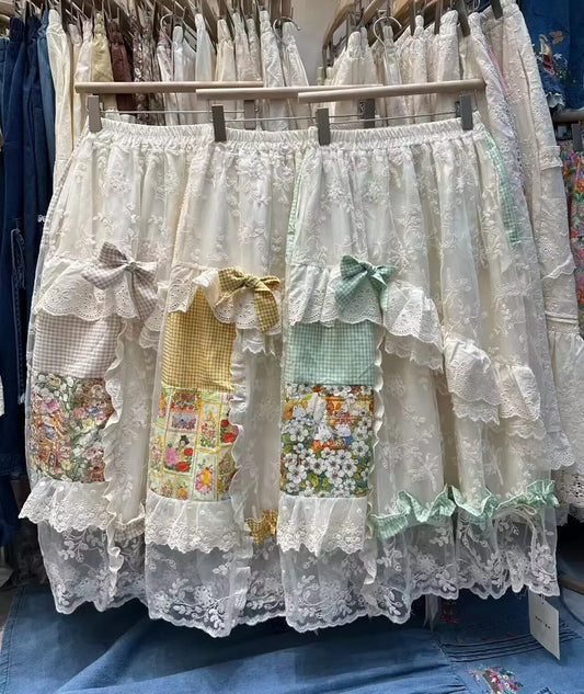 Embroidery Lace Patchwork Long Skirt Women A-line Skirt