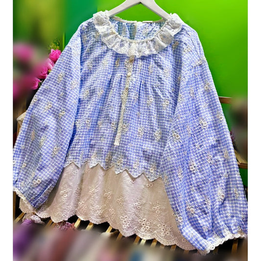 Retro Chic Cotton Linen Plaid Patchwork Eyelet Lace Ruffled Long Sleeve Blouse