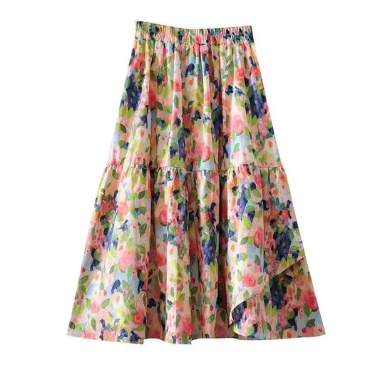 Asymmetric cake skirt  бохо одежда Spring elegant long Skirts Summer Women faldas Mujer Moda Colorful floral print Cotton