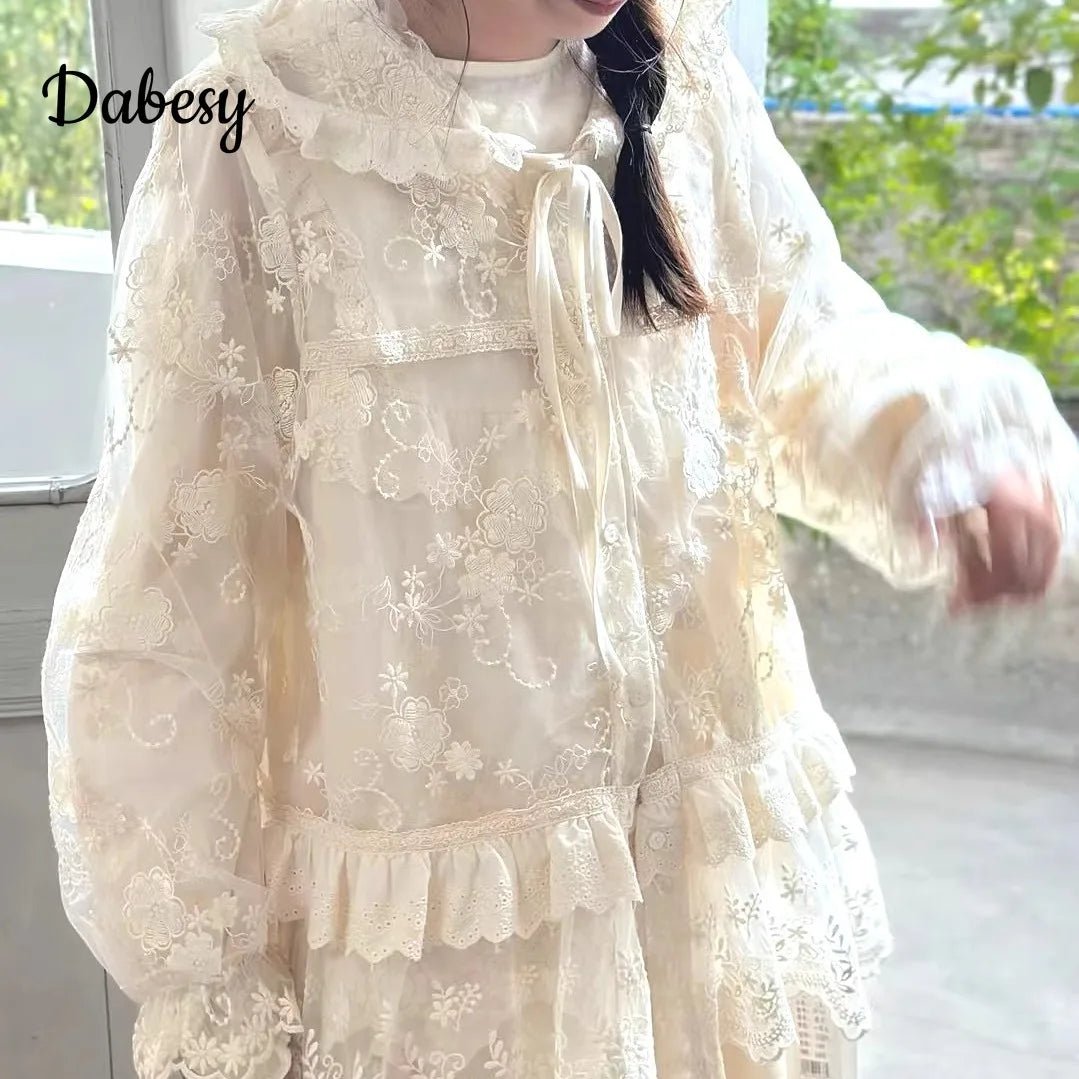 Embroidered Lace Hooded Ruffled Lace-up Jacket