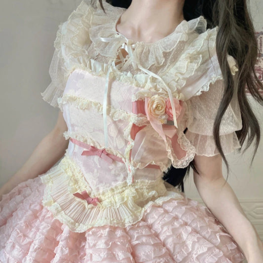 Lolita Sweet Lace Patchwork Women Blouse Japanese Y2K Aesthetic See Through Ruffled Shirt Summer Harajuku Grunge Bandage Blusas