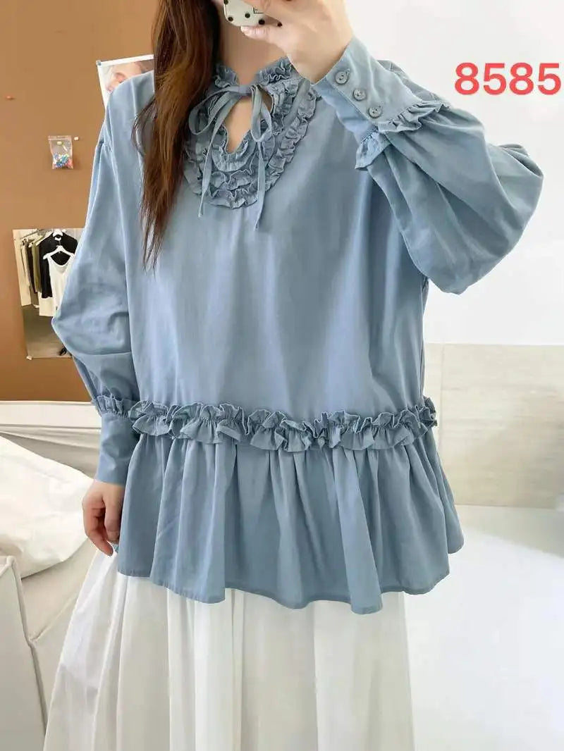 New 2025 Autumn Cotton Long Sleeve Shirt, Women Stand Ruffles Lace-up, Mori Girl French Retro Sweet Loose Doll Blouse T59946CC