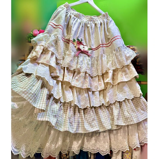 Plaid Lace Layered Cotton Linen Long Skirt