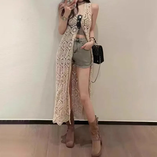 Longline Crochet Cardigan Button Front Sleeveless Sheer Open-knit Long Cover-up Jacket Women Summer Beach Vacation Outfit