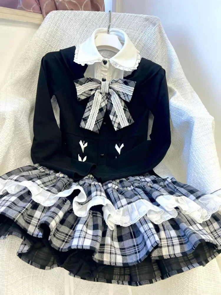 2-piece  Bow Long Sleeve Suit  Knit Outfit