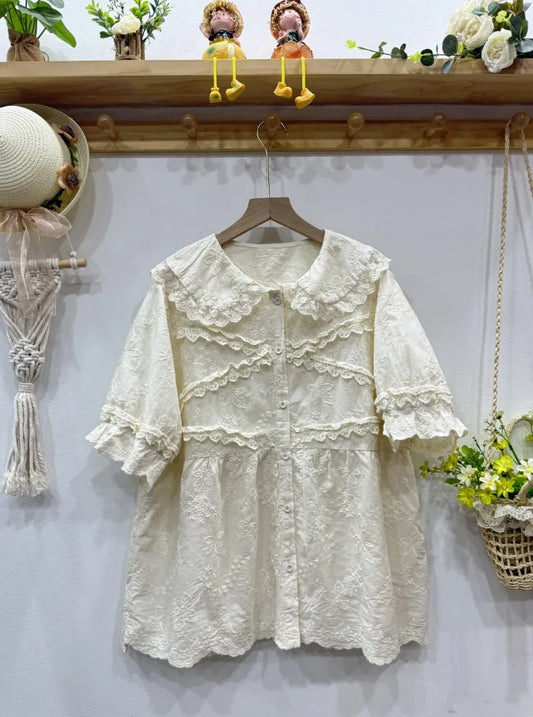 Mori kei clothing sweet lolita shirt peter pan collar short sleeve lace embroider shirts and blouses Japanese style vintage tops