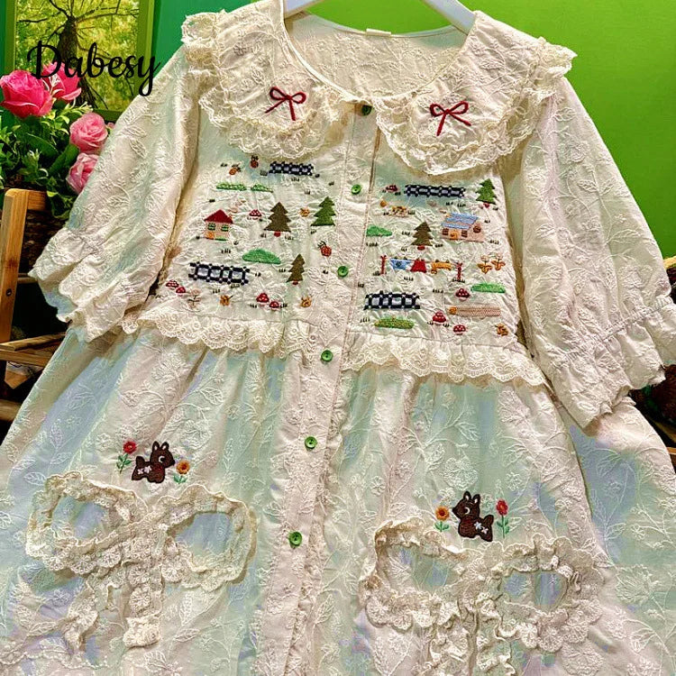 Sweet Lace Ruffled Shirts Women Vintage Embroidery Peter Pan Collar Kawaii Blouse Summer Japan Mori Girl Short Sleeve Loose Tops