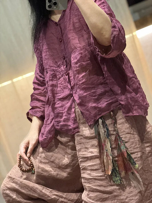 Women Loose Printed Ramie Blouse Ladies V Neck Thin Vintage Shirt 2024 Long Sleeves Cute Mori Girl Clothing Summer Blusas Mujer