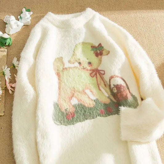 Mori cute sheep mink sweater women 2024 new round neck long-sleeved Japanese soft lazy loose knit sweater thickening