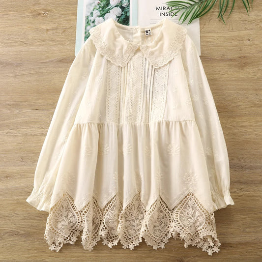 Cute clothes mori girl Japan style peter pan collar lace crochet a-line shirts and blouses for women cotton hollow out shirt