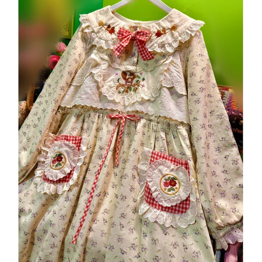 Vintage Corduroy Lace Bow  Long Dress