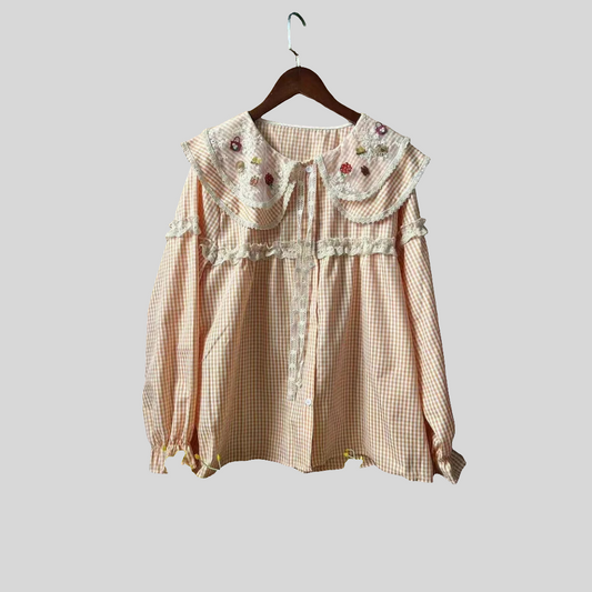 Lace Plaid Blouse with Embroidery Peter Pan Collar