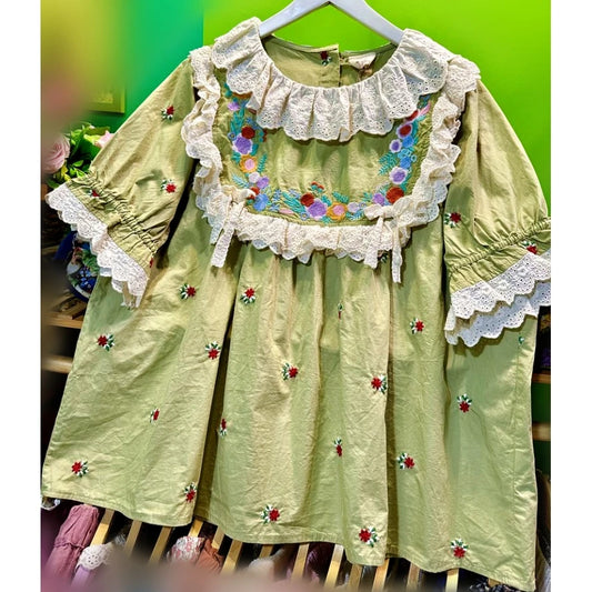 Embroidered Vintage Cotton Ruffled Lace Green Top