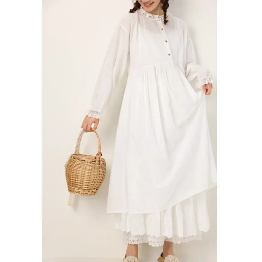 Vintage Cotton Linen Long Sleeve Lace Collar Basic Loose Dress