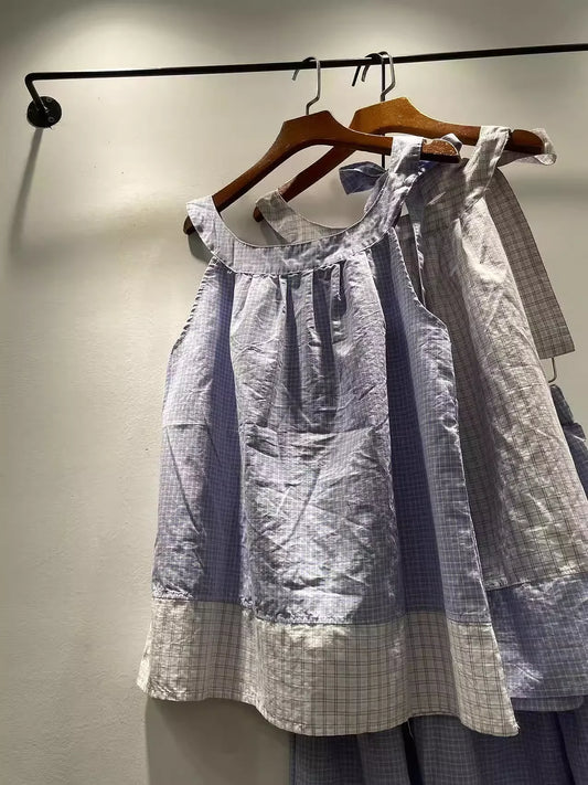 2025 Mori girl clothing Japan style sweet plaid patchwork shirts and blouses for women summer 100% cotton blue white check halte