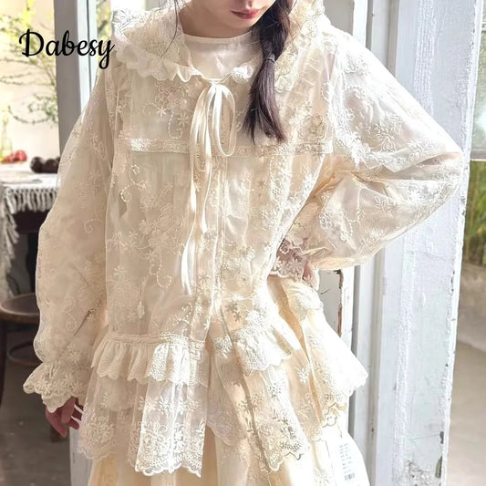 Embroidered Lace Hooded Ruffled Lace-up Jacket