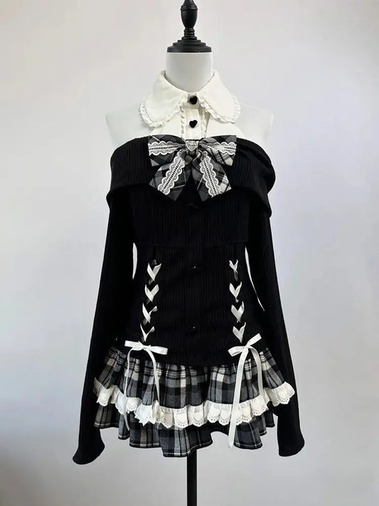 2-piece  Bow Long Sleeve Suit  Knit Outfit