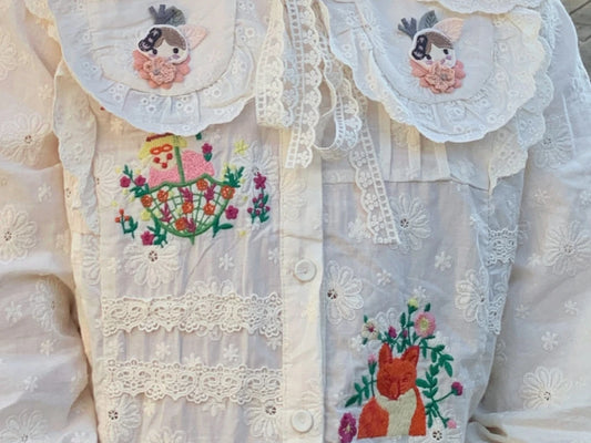 Vintage Cotton Floral Embroidery Lace  Blouse