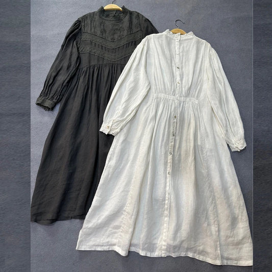 Johnature Japanese Mori Women Linen Embroidered Dress 2025 Autumn New Vintage French Puff Sleeves Lace Collar Autumn Long Dress