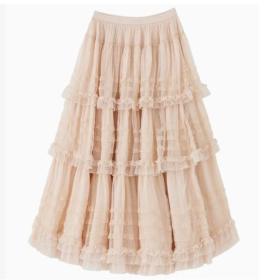 Pink Polka Dot Mesh Lace Multi-layer Long Dress