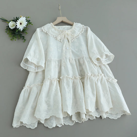 Japanese Sweet Mori Girl Embroidery Jacquard Cotton Shirts Women Summer Ruffled Lace Up Collar Short Sleeve Casual Blouse Tops