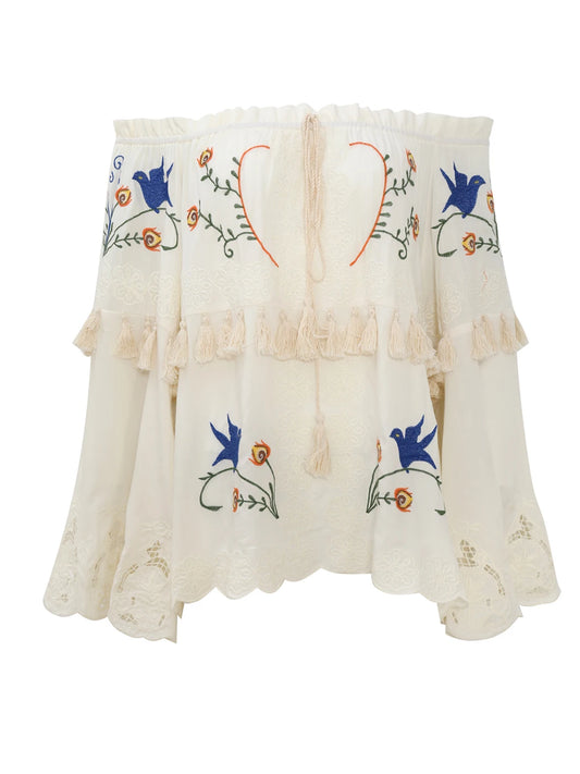 Embroidery Blouse Hollow out Tassel  Blouse