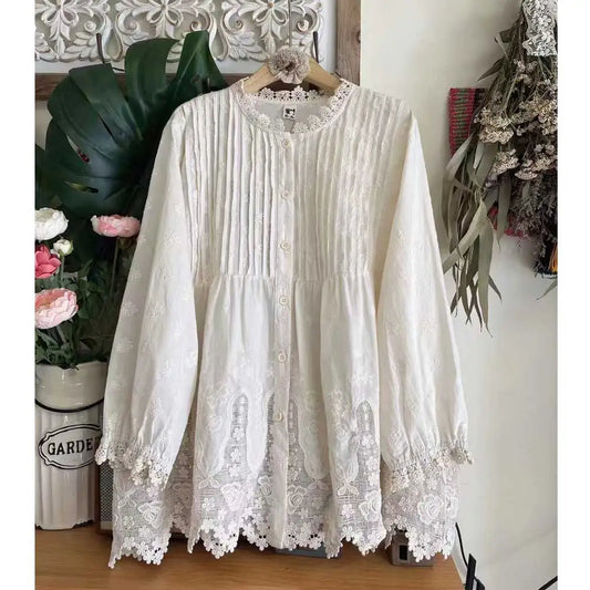 Japanese Sweet Mori Girl Embroidery Hollow Out Patchwork Cotton Shirts Women Spring New O-Neck Long Sleeve Casual Loose Tops