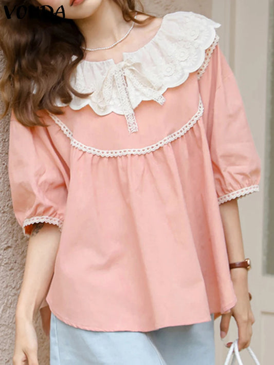 Patchwork Tops Women Elegant Lace Shirts 2025 VONDA Bohemian Half Lantern Sleeve Blouse Casual O-Neck Blusas Oversized Tunic