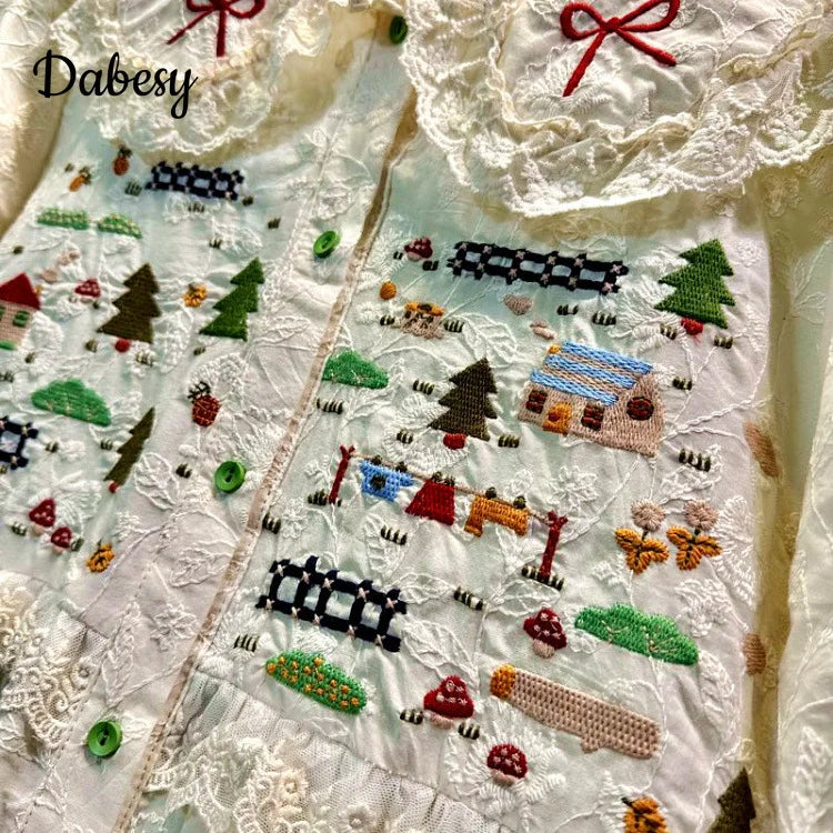 Sweet Lace Ruffled Shirts Women Vintage Embroidery Peter Pan Collar Kawaii Blouse Summer Japan Mori Girl Short Sleeve Loose Tops