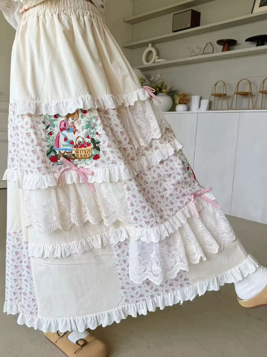 Embroidery Lace Ruffled Cotton Pleated Long Skirt
