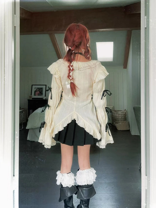 Gothic Harajuku Aesthetic Shirts Women Bandage Blouse Y2k Lolita Sweet Japanese Tops Ruffle Flared Sleeve Irregular Vintage Punk