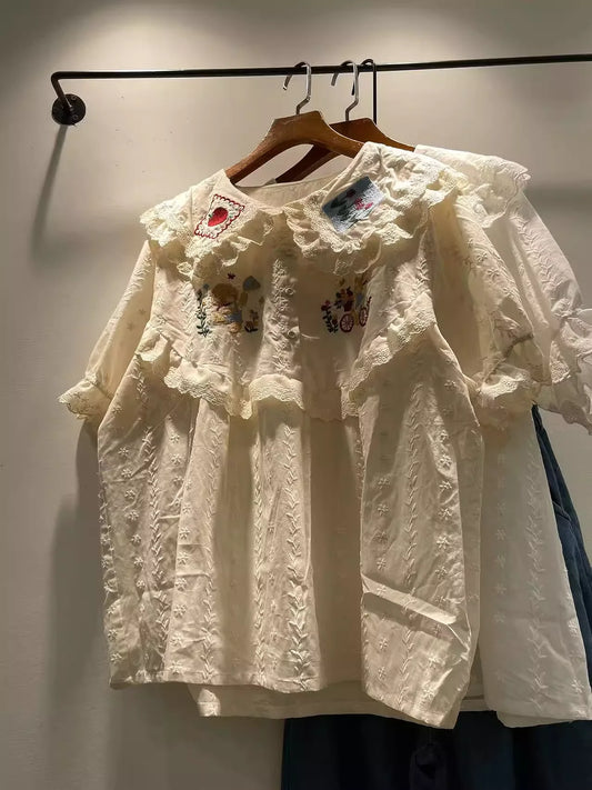 Japanese mori girl peter pan collar cartoon patch lace embroider shirts and blouses for women autumn sweet cotton cute clothes