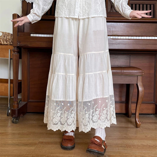 Lace Embroidery Cotton Wide Leg Pants