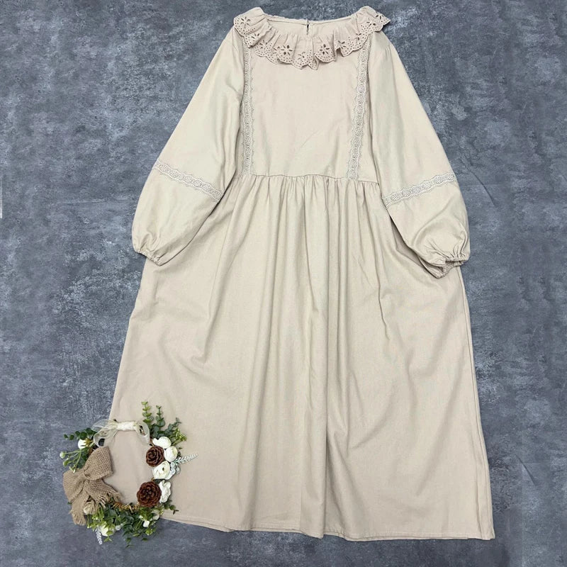 Johnature New Japanese Women Doll Dresses 2025 Autumn New Ruffles Collar Mori Cotton Linen Dress Vintage Casual Loose Dresses